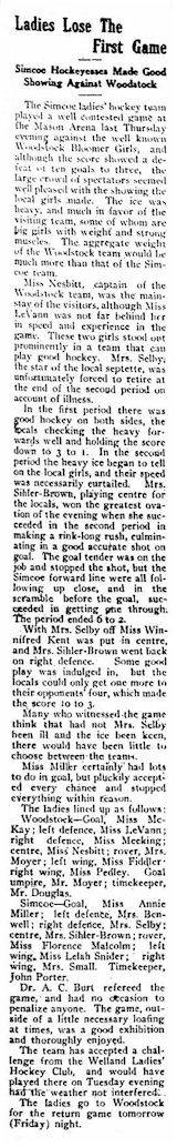 Simcoe Ladies Hockey game article scan